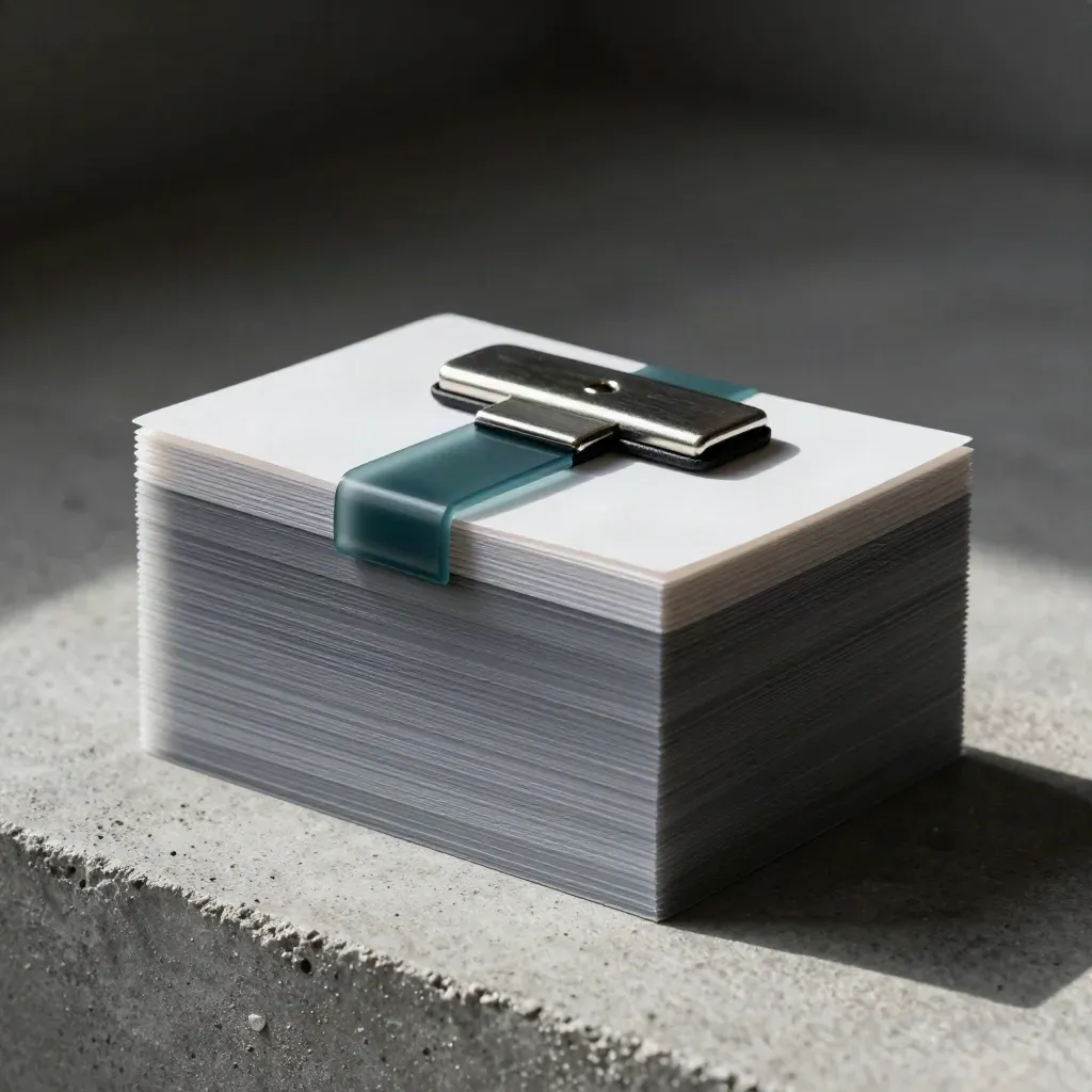 Frosted divider cards pod kamiennym przyciskiem, stalowe klipsy i delikatny teal.