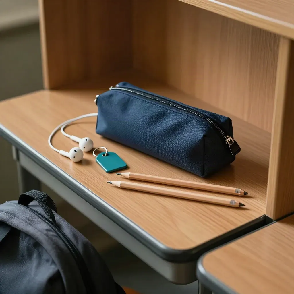 Piórnik, słuchawki, brelok do szafki i ołówki na drewnianej ławce w ciemnym świetle.